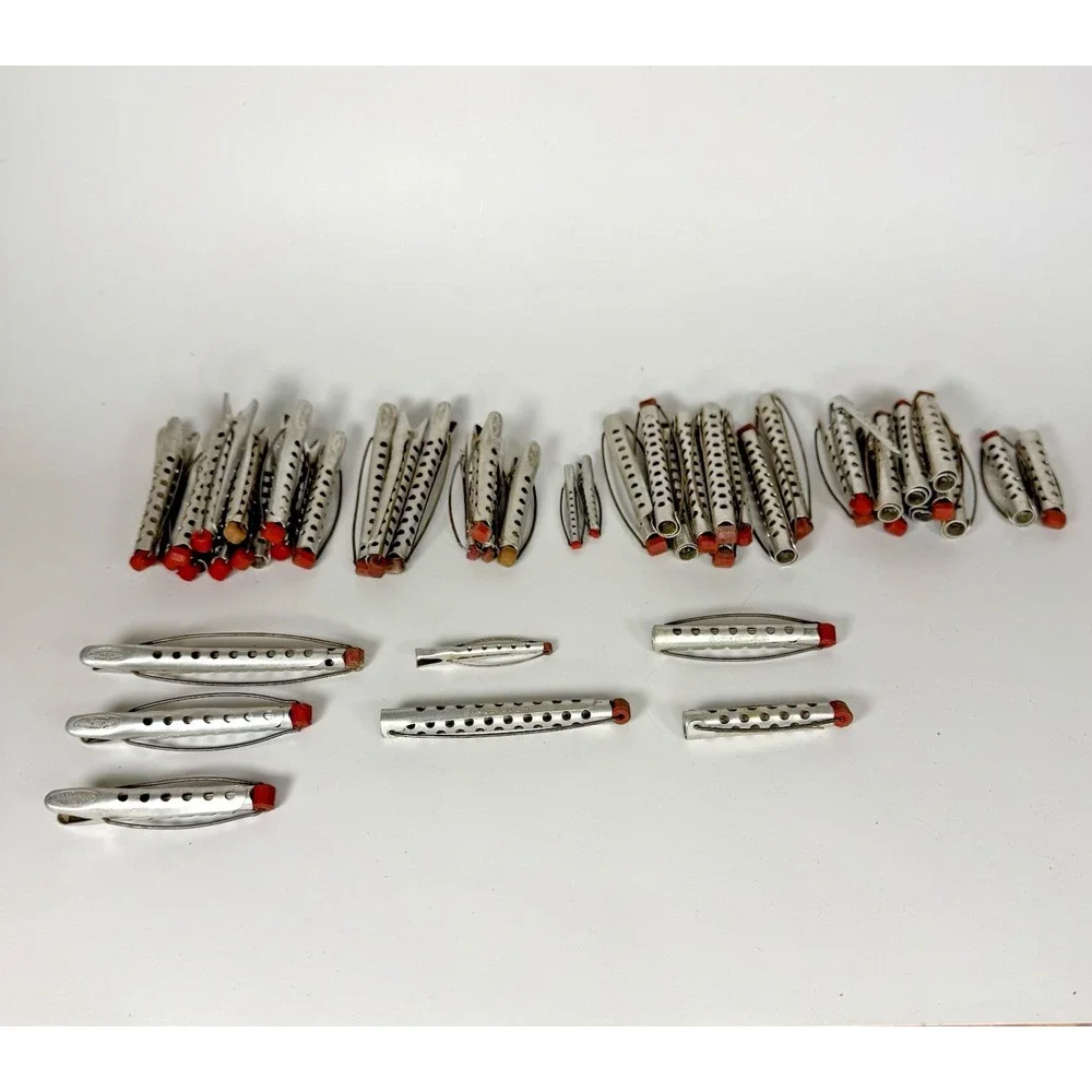 Vtg Tip-Top Products Aluminum Hair Curlers Rollers Omaha Red‎ Tips Lot of 49 MCM